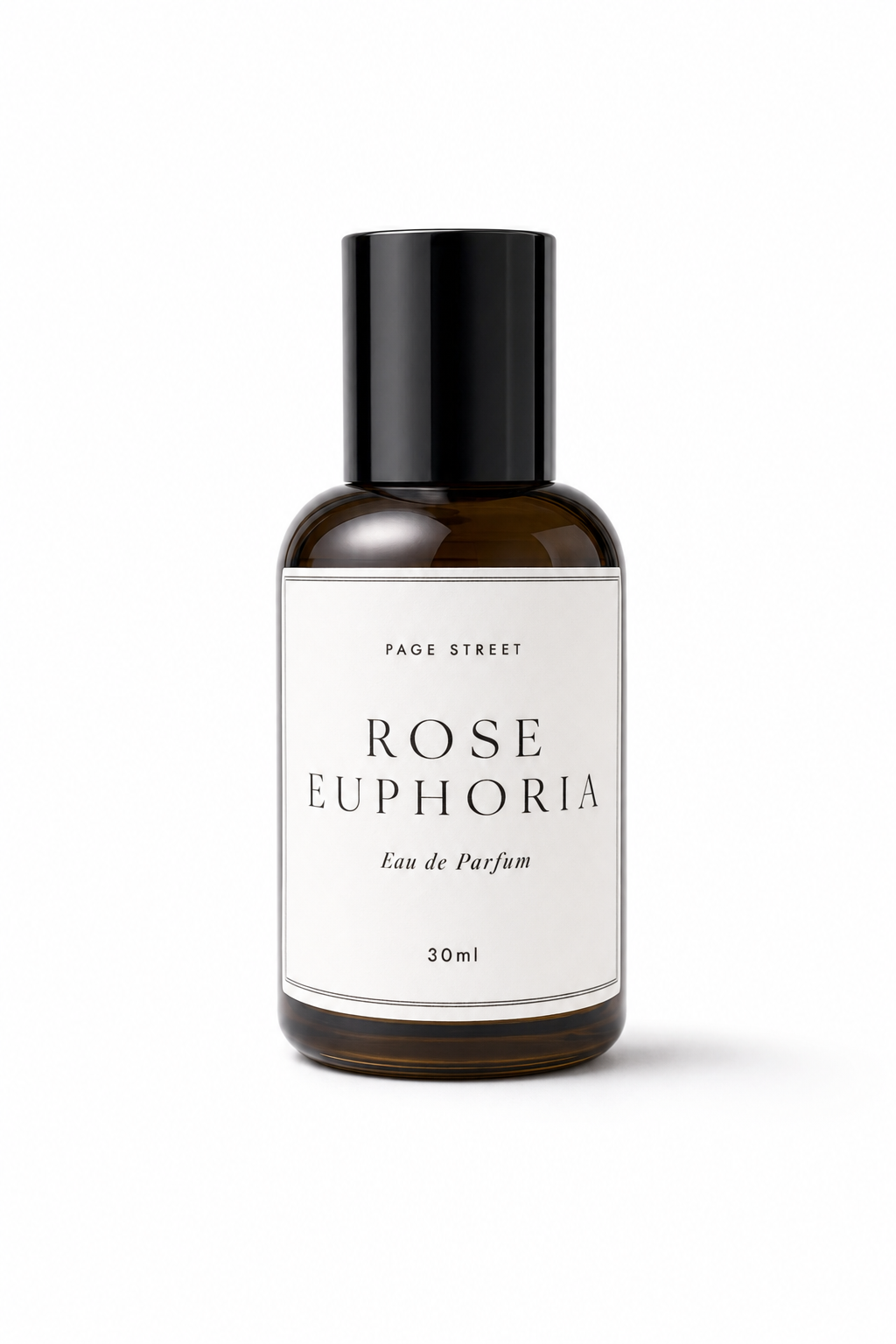 Rose Euphoria perfume bottle with a white label on a white background