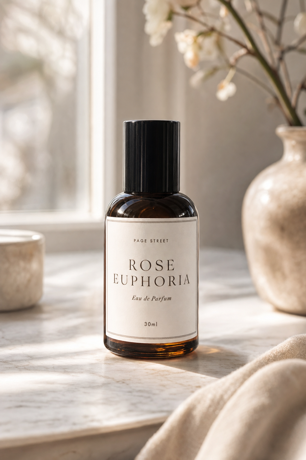 Bottle of 'Rose Euphoria' perfume on a wooden surface with a vase and flowers in the background.